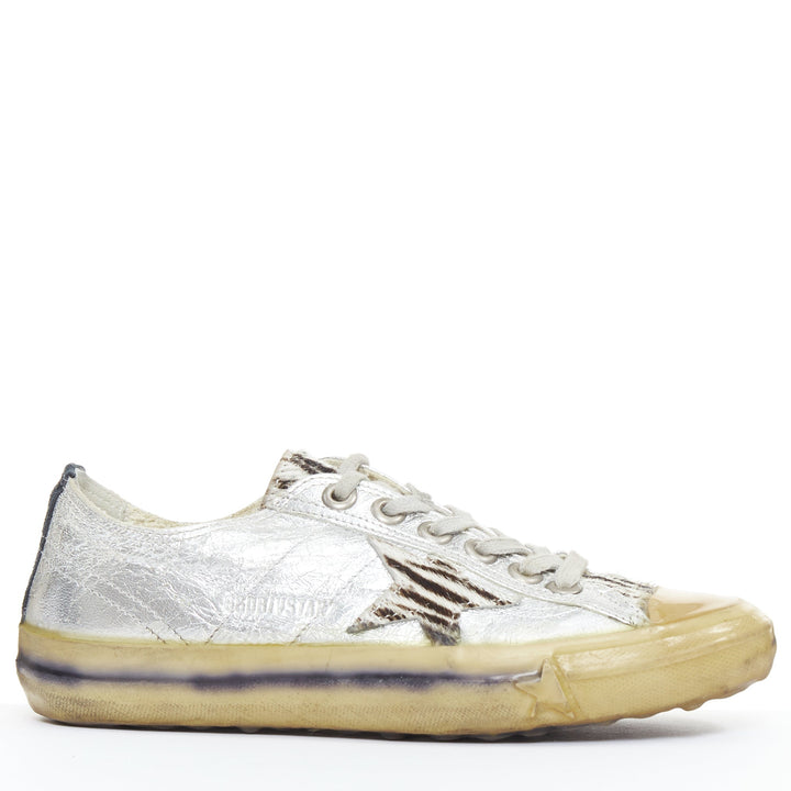 GOLDEN GOOSE May grey suede leopard calf hair silver lace distress sneakers EU37