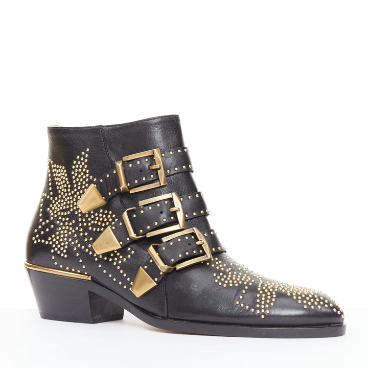 CHLOE Susanna black leather gold floral studded buckles grunge ankle boots EU36