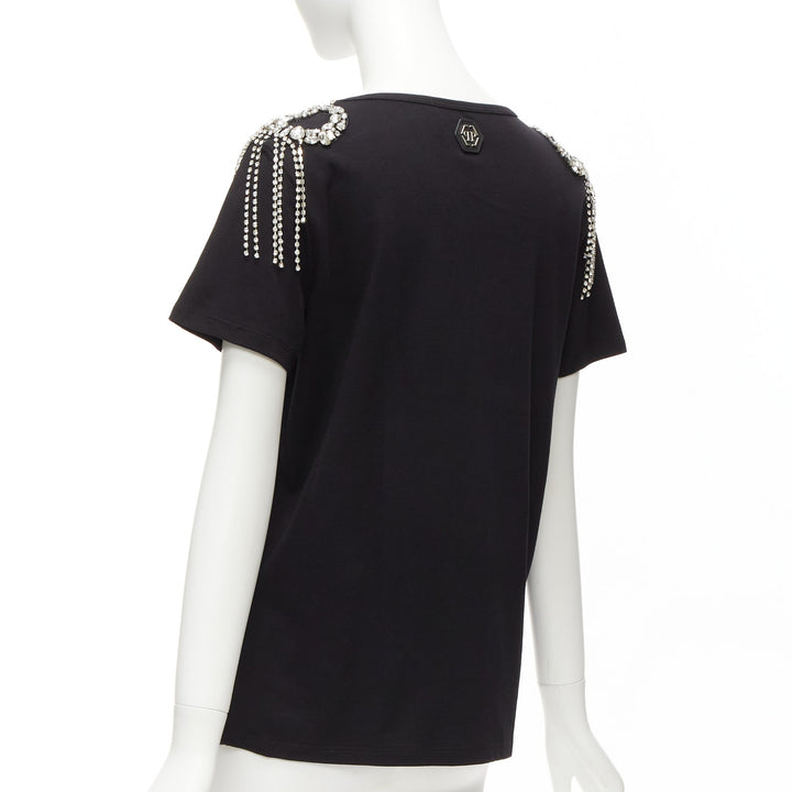 PHILLIP PLEIN black logo embroidery clear crystal fringe embellished tshirt XS