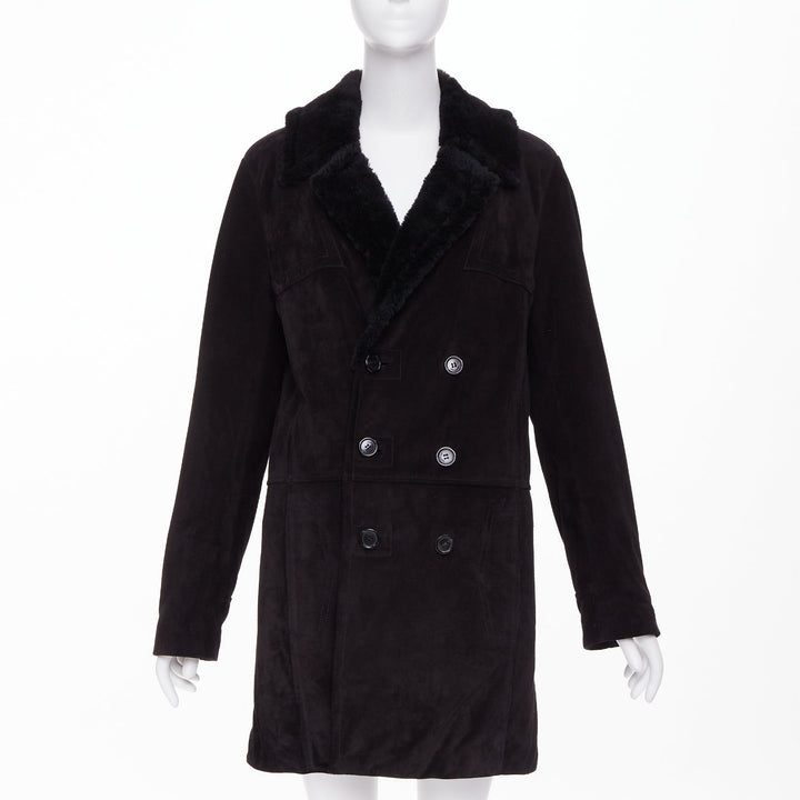 SAINT LAURENT 2022 black suede shearling lined double breasted coat EU44 XS