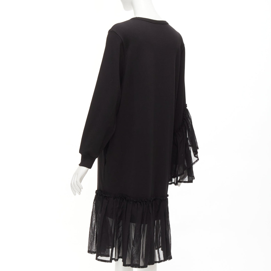 DRIES VAN NOTEN black cotton asymmetric sleeve ruffle hem sweatshirt dress S