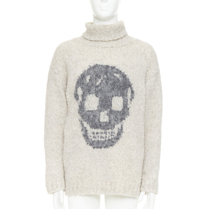 ALEXANDER MCQUEEN grey beige skull intarsia shaggy knit turtleneck sweater S