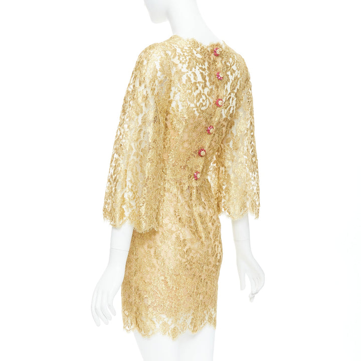 DOLCE GABBANA metallic gold laminated lace pink crystal buttons dress IT36 XXS