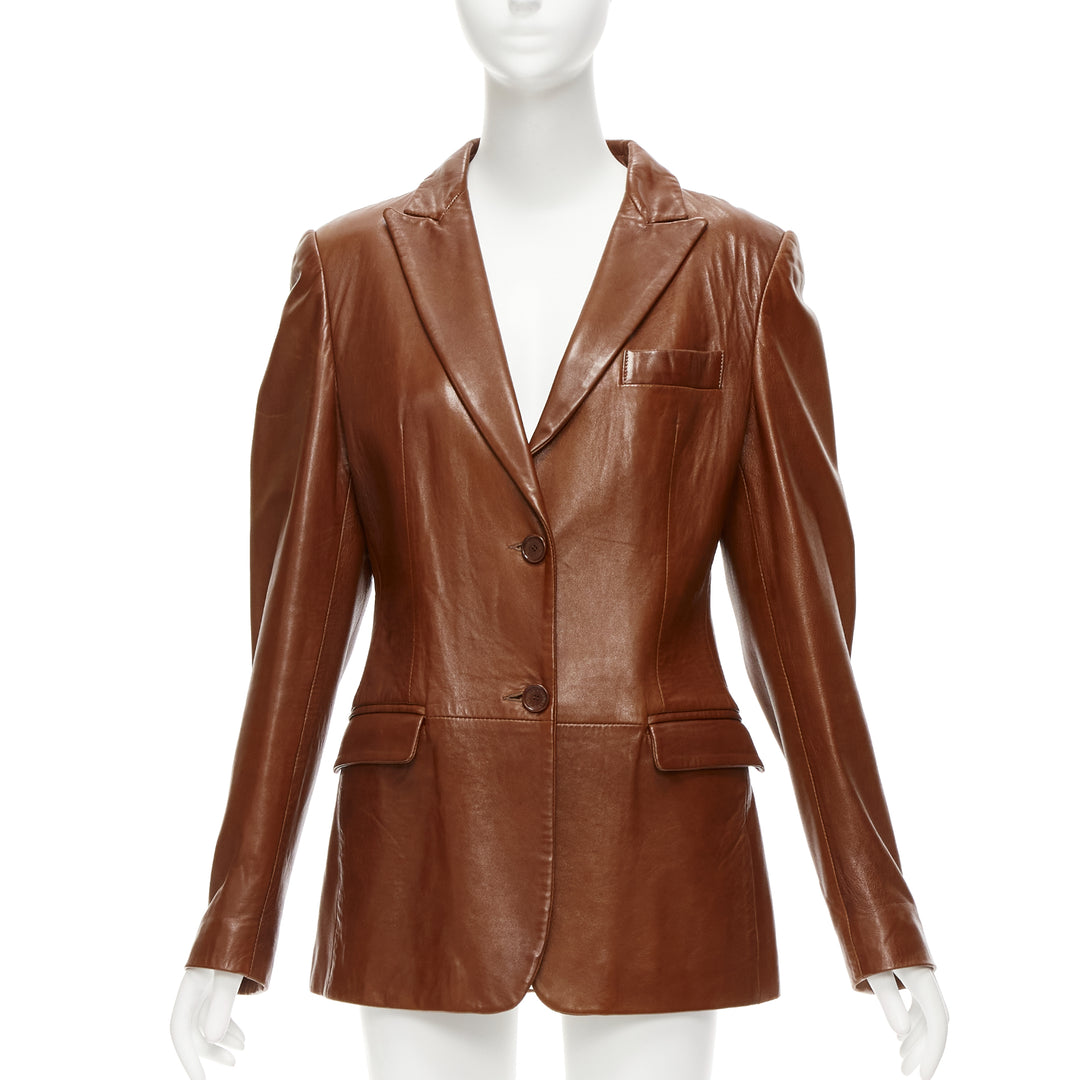 DOLCE GABBANA 1990s Vintage brown real leather pocketed blazer jacket UK8 S