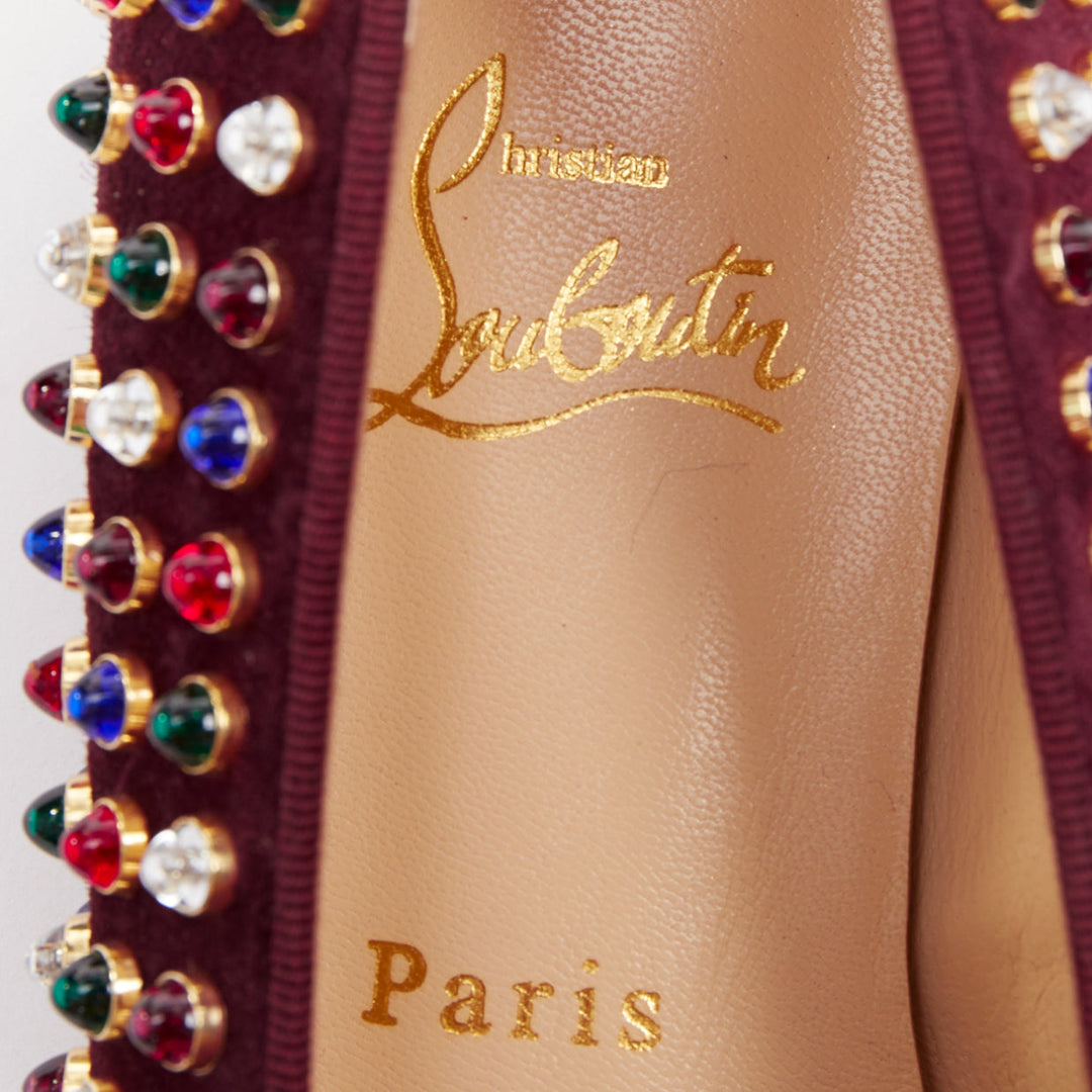 CHRISTIAN LOUBOUTIN burgundy suede jewel tone gripoix stone stud loafers EU36.5