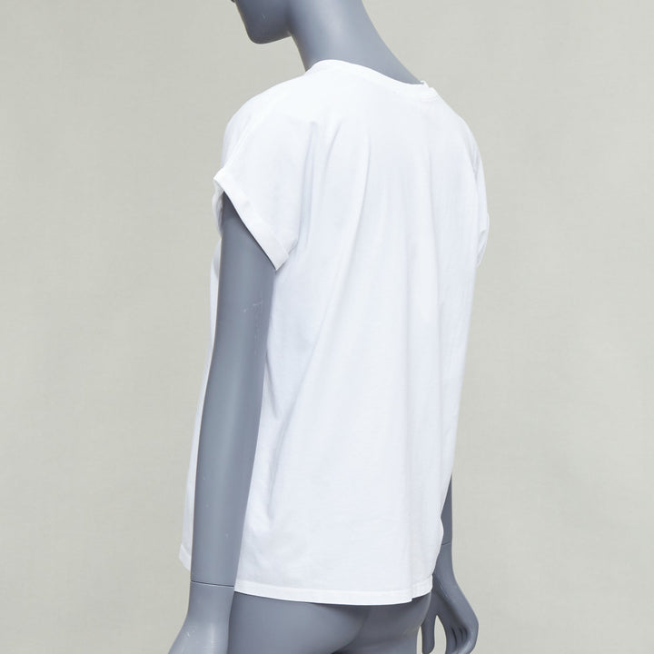 BALMAIN white cotton black logo felt print cap roll sleeve tshirt XS
