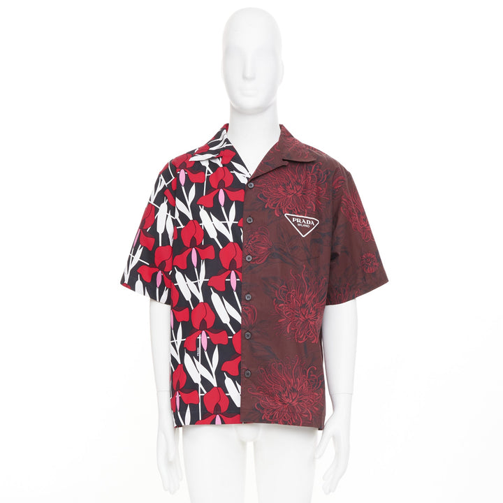 PRADA 2021 Runway Double Match red iris burgundy floral split bowling shirt L