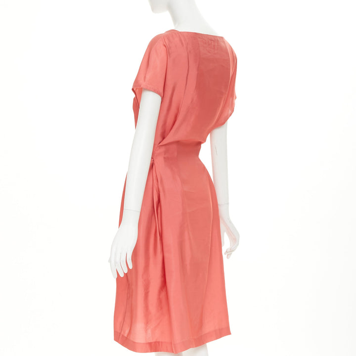 MARNI pink viscose blend draped v neck belted short sleeve mini dress IT44 L