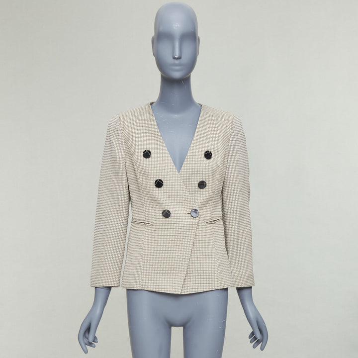 EMPORIO ARMANI beige grid overstitch quilted double breasted blazer IT44 L