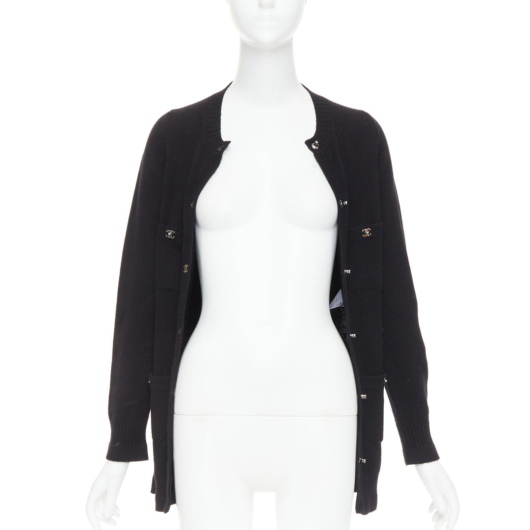 CHANEL 100% cashmere black silver-tone CC turnlock 4 pocket cardigan FR34 XS