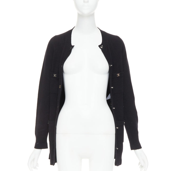 CHANEL 100% cashmere black silver-tone CC turnlock 4 pocket cardigan FR34 XS
