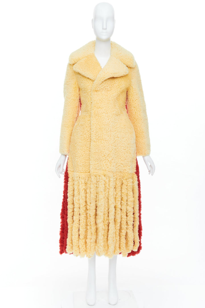 rare BOTTEGA VENETA 2020 Runway yellow red shearling teddy fringe coat IT34 XXS