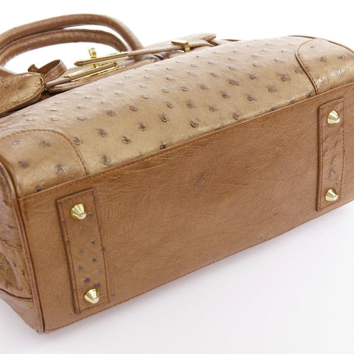 KWANPEN brown ostrich leather gold hardware top handle structured executive bag