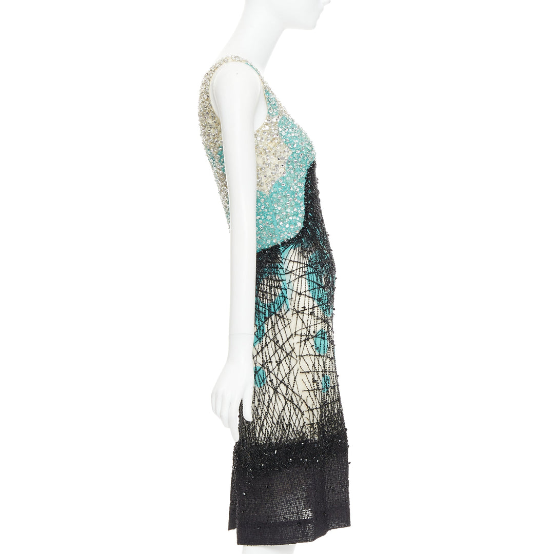 CAROLINA HERRERA teal green cream black silk fully beaded crystal dress US2 S