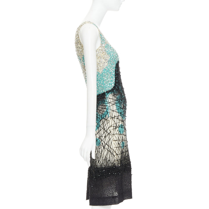 CAROLINA HERRERA teal green cream black silk fully beaded crystal dress US2 S