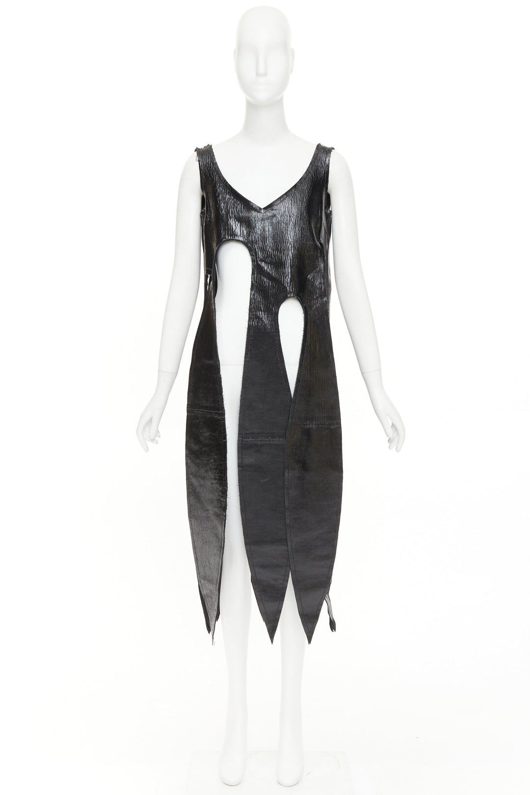 rare COMME DES GARCONS 2019 black textured cowhide leather fringed petal top XS