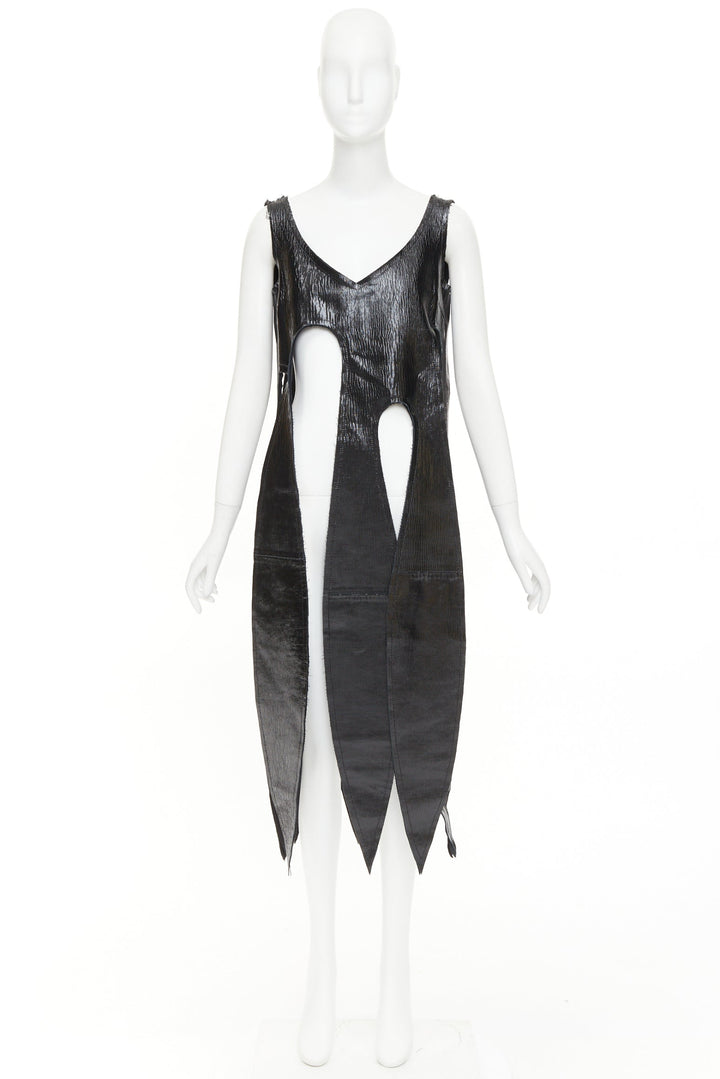 rare COMME DES GARCONS 2019 black textured cowhide leather fringed petal top XS