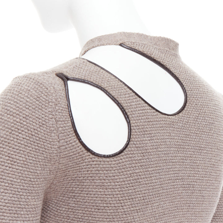 TOM FORD taupe fleece wool blend cut out leather collar sweater S