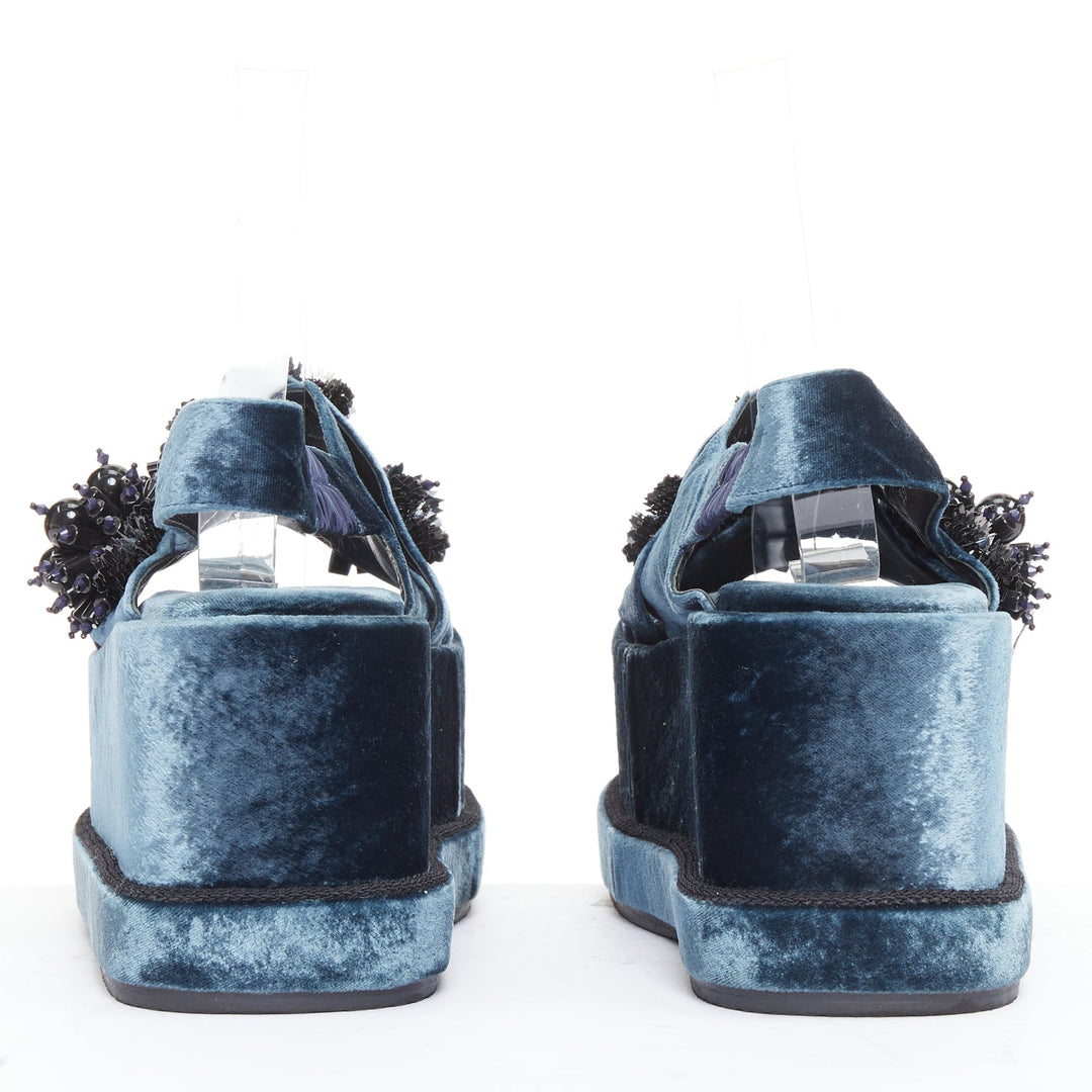 BIYAN blue velvet black beads sequin embellished platform wedges shoes EU39