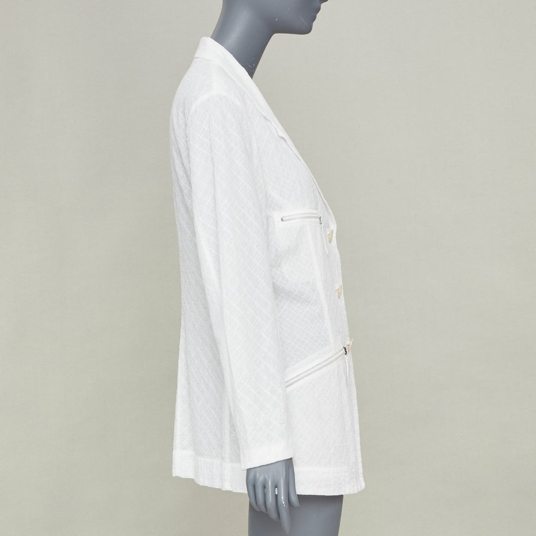 ISSEY MIYAKE Vintage white lattice grid stitch zippered pocket cotton jacket L
