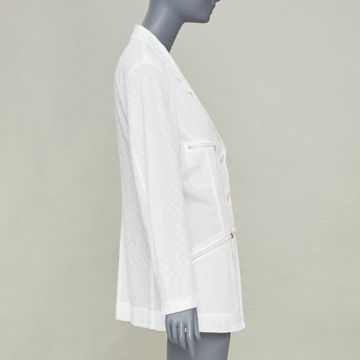 ISSEY MIYAKE Vintage white lattice grid stitch zippered pocket cotton jacket L