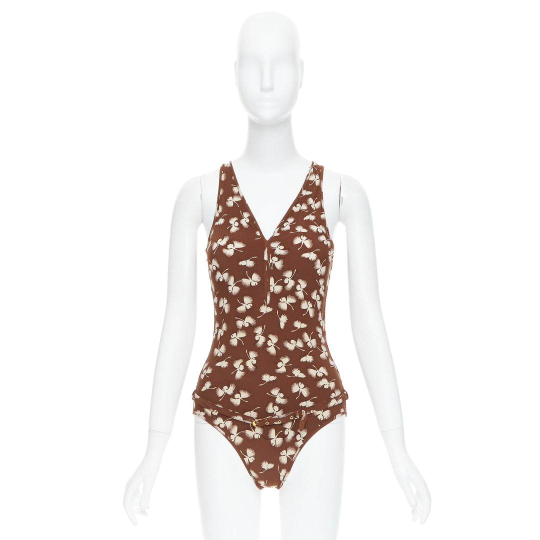 GUCCI Vintage brown cream floral print belted one piece swimsuit