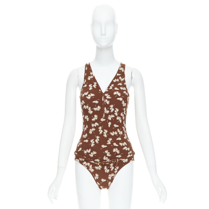 GUCCI Vintage brown cream floral print belted one piece swimsuit