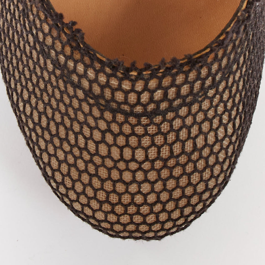 LANVIN 2011 Runway black fishnet mesh ankle harness pin platform heels EU37