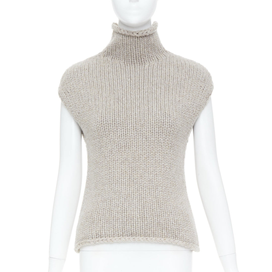 KHAITE taupe beige heavy wool cashmere chunky knit turtleneck sweater vest XS