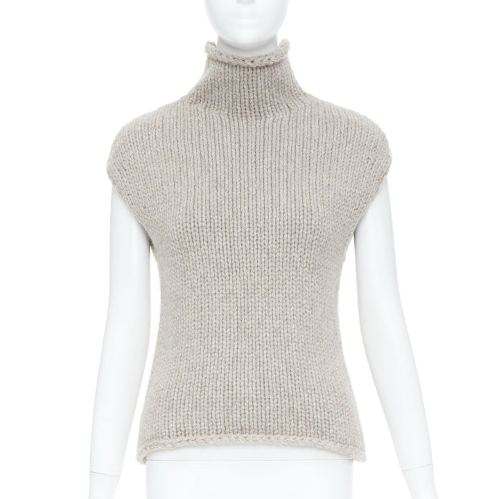KHAITE taupe beige heavy wool cashmere chunky knit turtleneck sweater vest XS