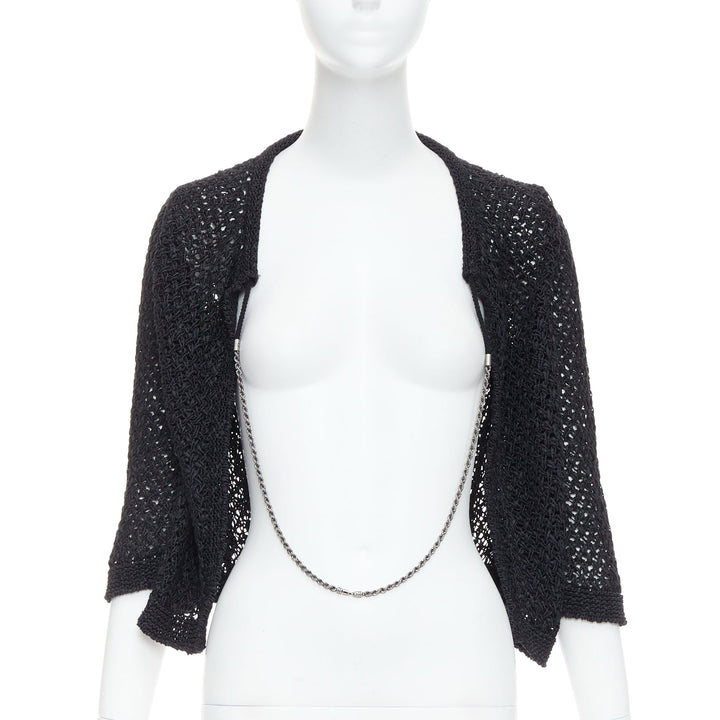 CHANEL 2004 black cotton blend CC chain link open knit cardigan FR38 M