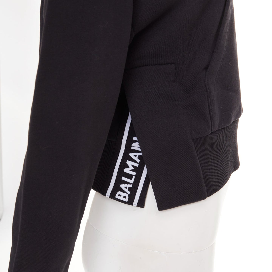 BALMAIN black cotton white flocked felt logo print side split fleece hoodie XS