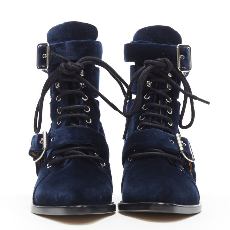 CHLOE Rylee blue velvet buckle strap lace up cut out ankle boots EU37