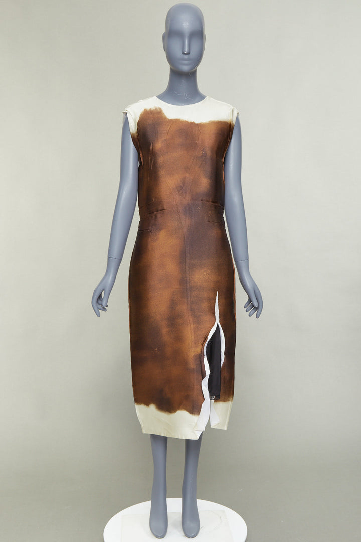 PRADA 2022 Runway brown cream silk blend tie dye trompe loeil slit dress IT38 XS