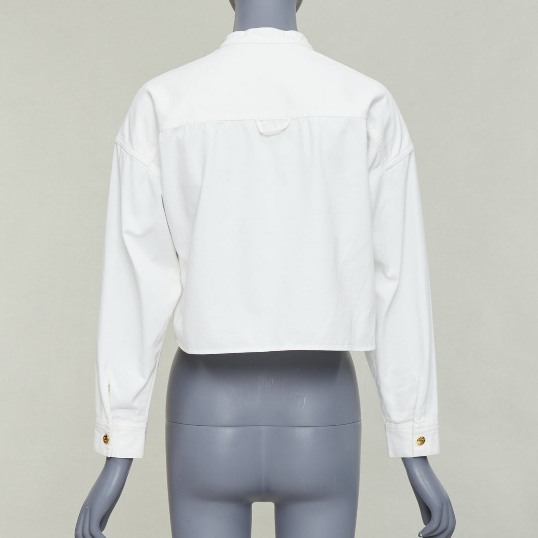 CELINE Triomphe optic white cotton anagram gold button crop popover shirt FR36 S