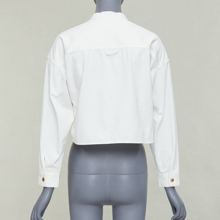 CELINE Triomphe optic white cotton anagram gold button crop popover shirt FR36 S