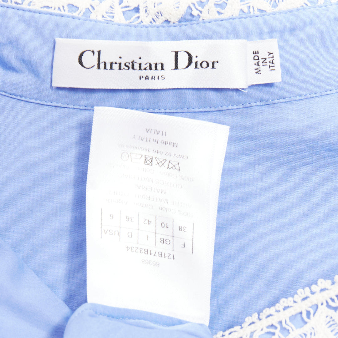 CHRISTIAN DIOR 2021 blue white lace plastron bib belted tunic shirt dress FR38 M
