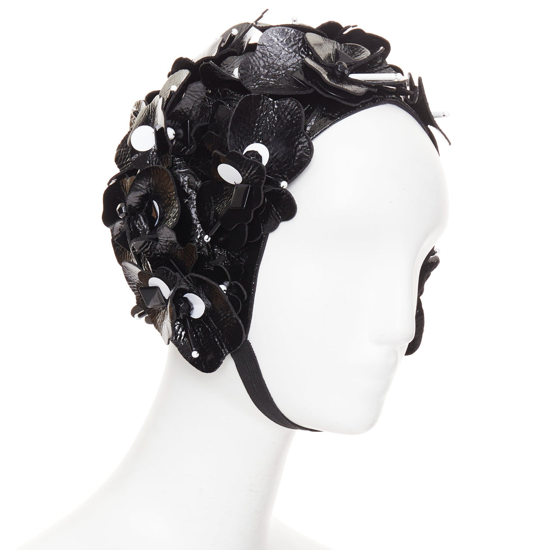 MIU MIU 2017 Runway black patent leather petals beaded retro swim cap hat S