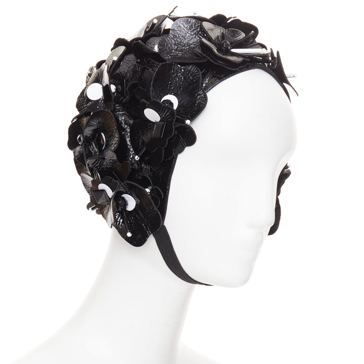 MIU MIU 2017 Runway black patent leather petals beaded retro swim cap hat S