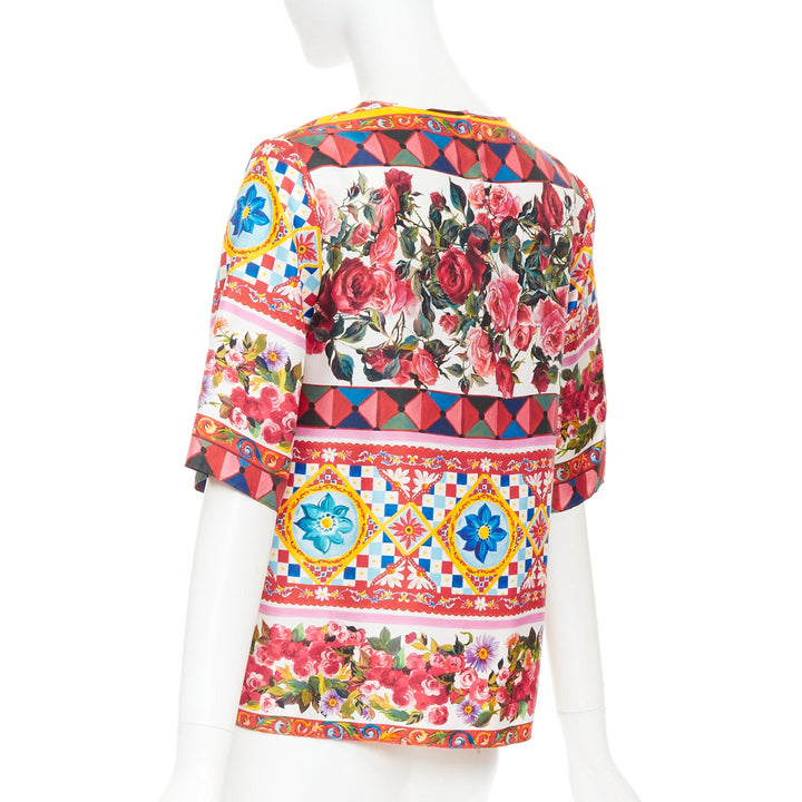 DOLCE GABBANA  Carretto Roses pink multicolor print silk crew top IT38 XS
