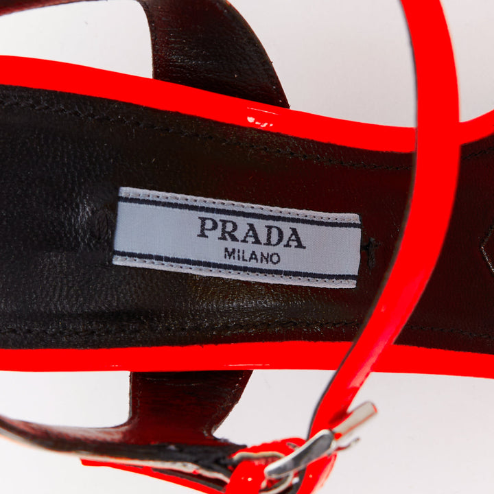 PRADA 2018 Flame fluorescent neon orange patent Fire mid heel sandal EU36.5