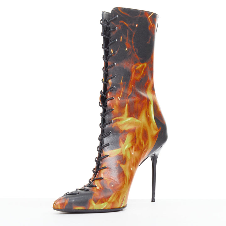 rare BALMAIN Uria black orange burning flame fire corset lace boots EU39