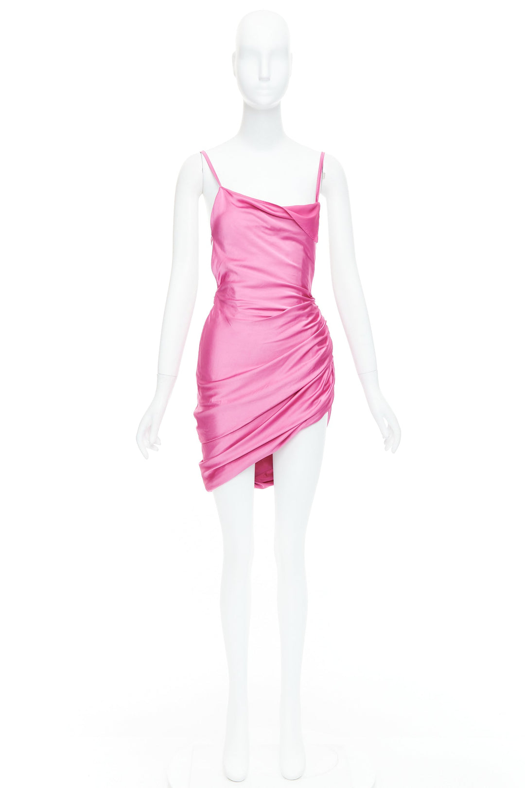 JACQUEMUS Le Splash Saudade pink satin ruched asymmetric strappy dress FR34 XS