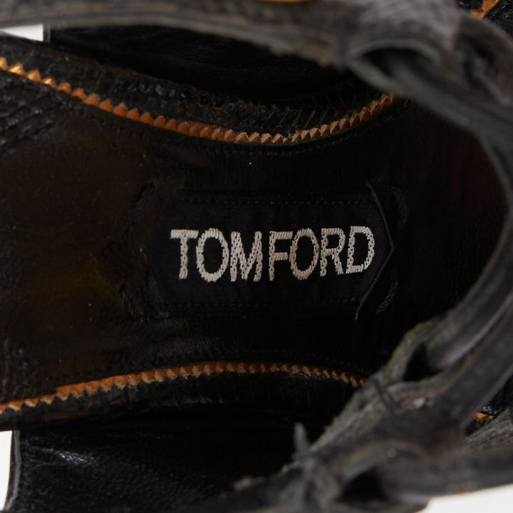 TOM FORD 2012 Runway black lizard effect gold stud lace up platform sandals EU35