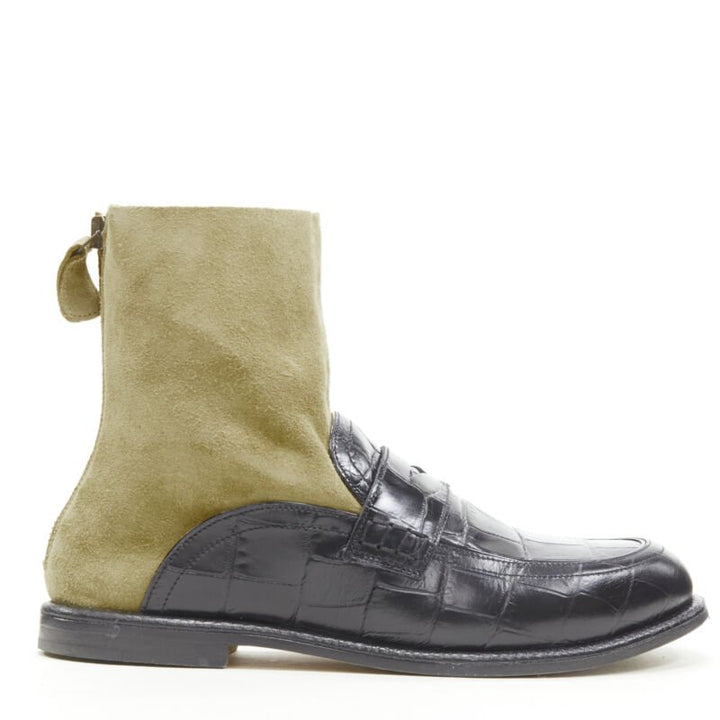 LOEWE black black scaled leather embossed brown suede sock loafer boot EU36
