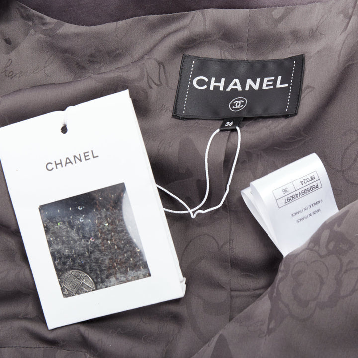 CHANEL 18B Fantasy tweed grey checked sequinned wool crop jacket FR38 M