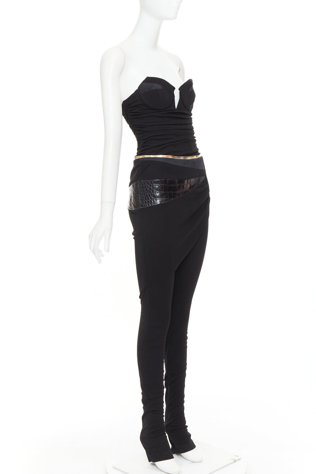 ALEXANDRE VAUTHIER Vintage black faux croc patchwork sweetheart bust jumpsuit