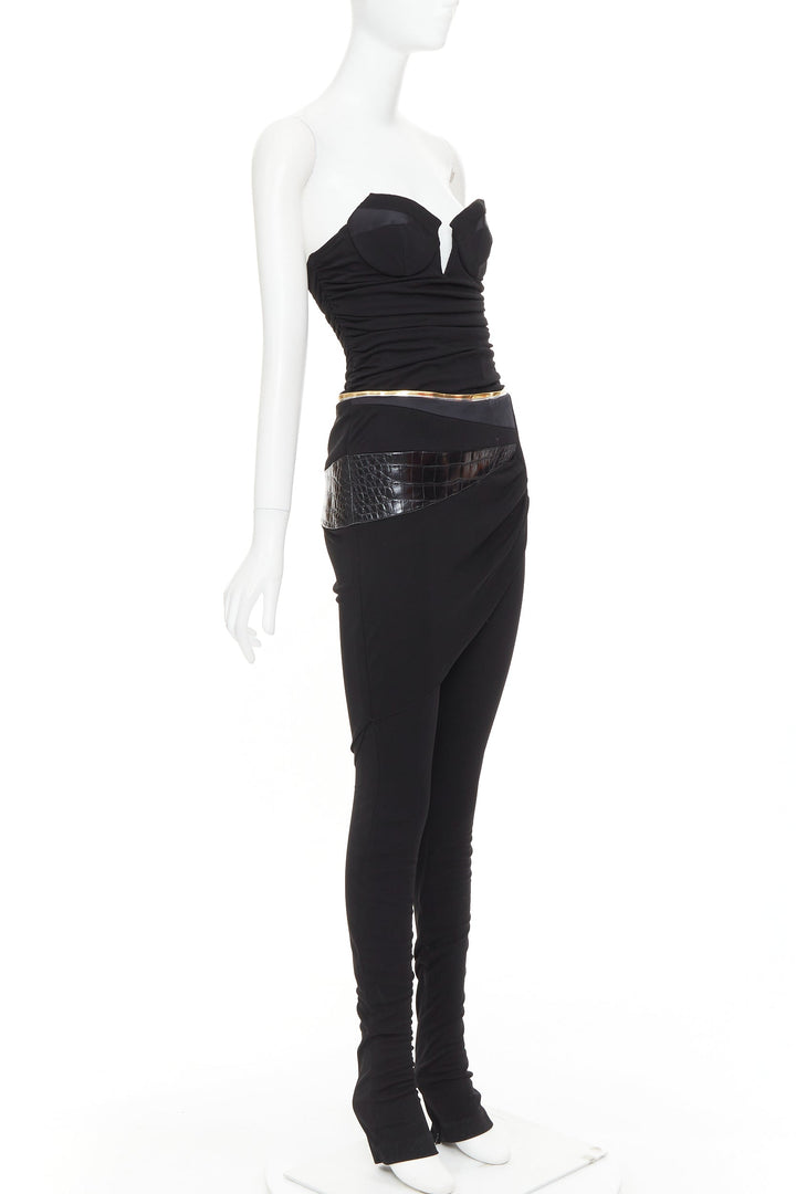 ALEXANDRE VAUTHIER Vintage black faux croc patchwork sweetheart bust jumpsuit