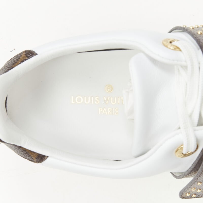 LOUIS VUITTON Front Row brown LV monogram gold stud white leather sneaker EU36