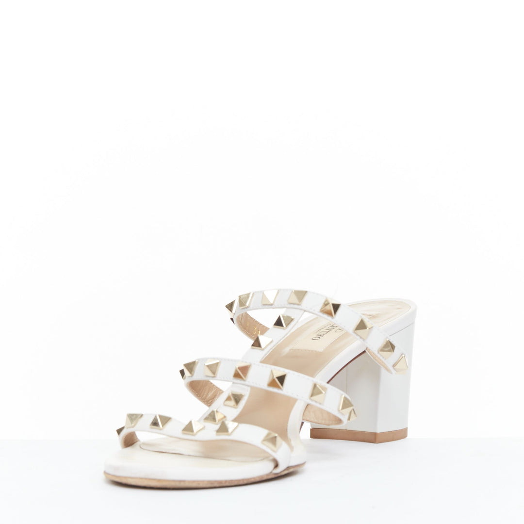 VALENTINO Rockstud 60 white leather gold stud caged block sandals EU39